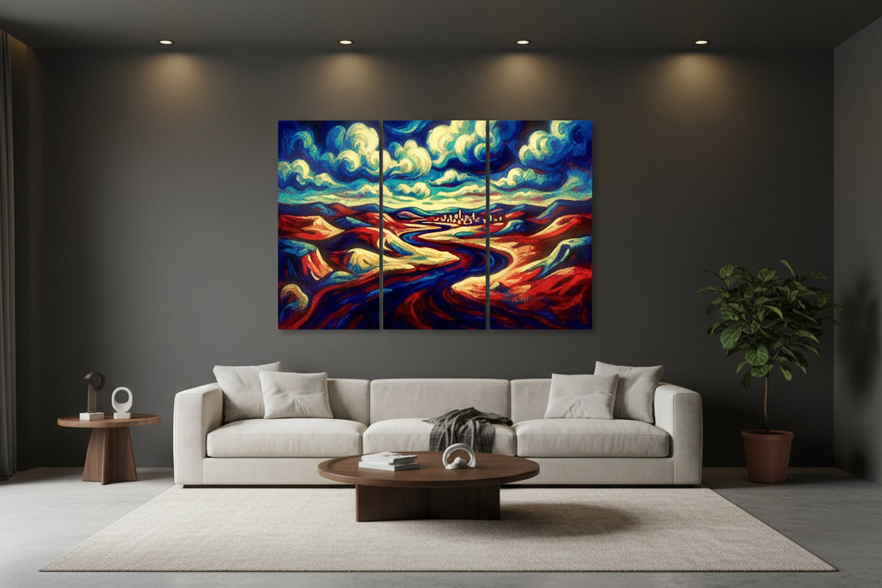 Triptych painting of a landscape with colorful clouds and flowing rivers.