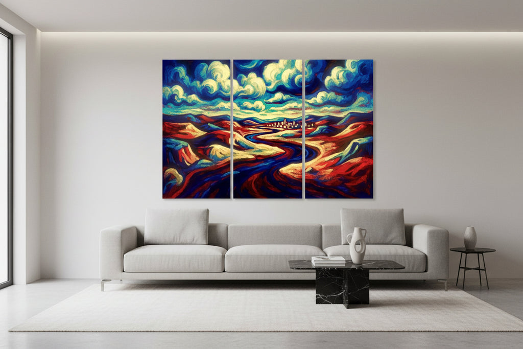 Triptych painting of a landscape with colorful clouds and flowing rivers.