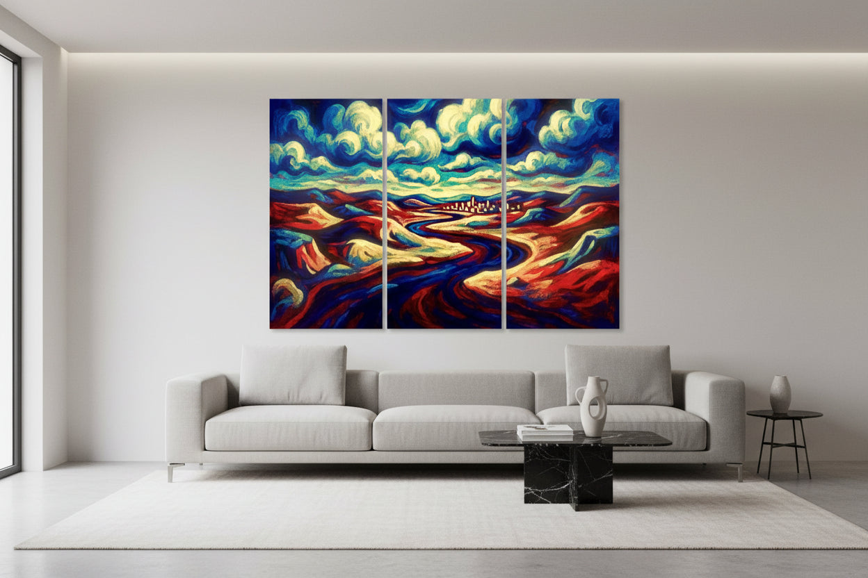 Triptych painting of a landscape with colorful clouds and flowing rivers.