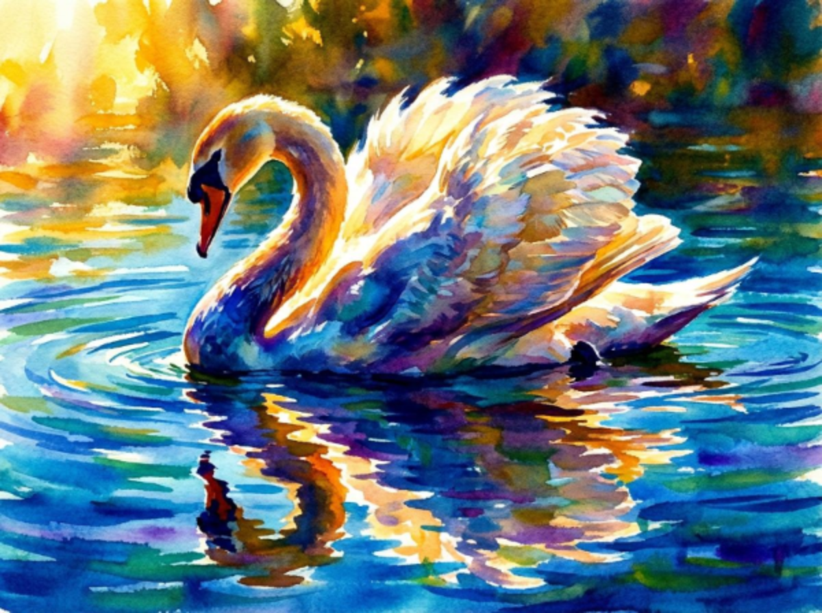 Colorful painting of a swan on water