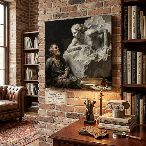 Room with brick wall, bookshelves, and a neo classical portrait canvas print of a sculptor and his creation.