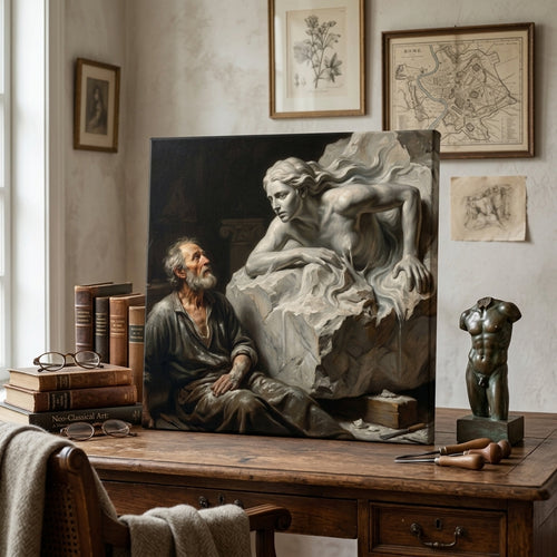 Artistic setting depictng a neo classical portrait canvas of a sculptor and his creation, books, and a statue on a wooden desk.