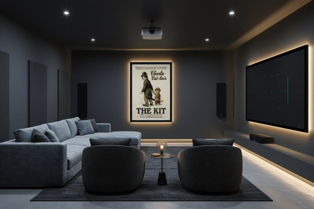A Contemporary Cat meme movie poster Charlie Cat-lin's "The Kit". Hung in a modern Movie Room.