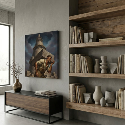 Modern interior with an american realism style canvas print of a man and tower on the wall, wooden shelves with books and vases.