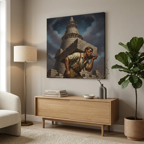 Modern living room with wooden sideboard, lamp, and an american realism style canvas print of a man carrying stones.