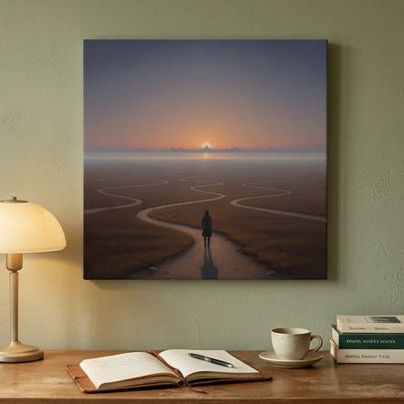 Canvas Surrealist Print of  sunset landscape hung on a green wall over a desk.
