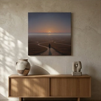 Surrealism style canvas print art sunset landscape hung over a credenza with clay pottery