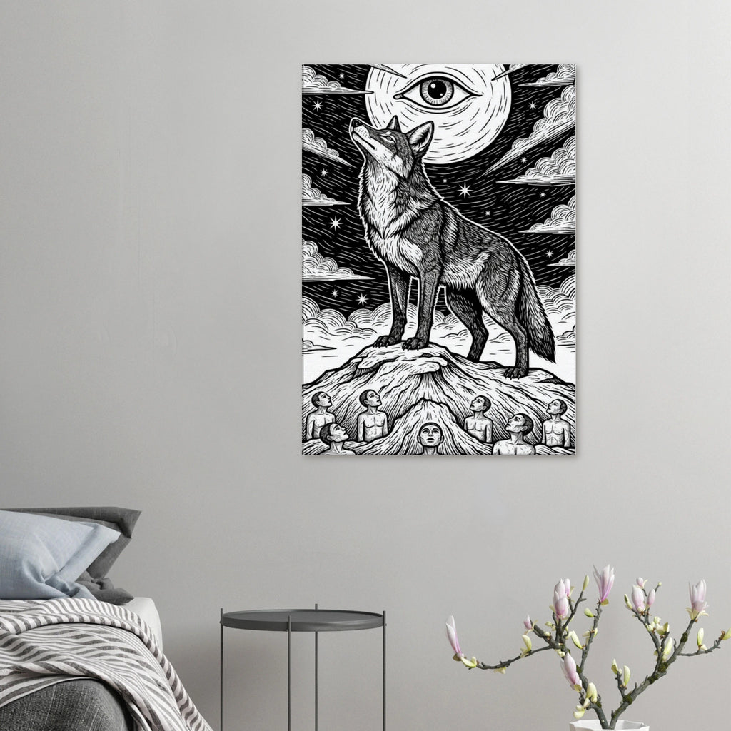 Hung against a grey wall Coyote #2 howling coyote folk art print, black and white minimalist lunar illustration, 350 gsm museum-quality matte canvas wall art.