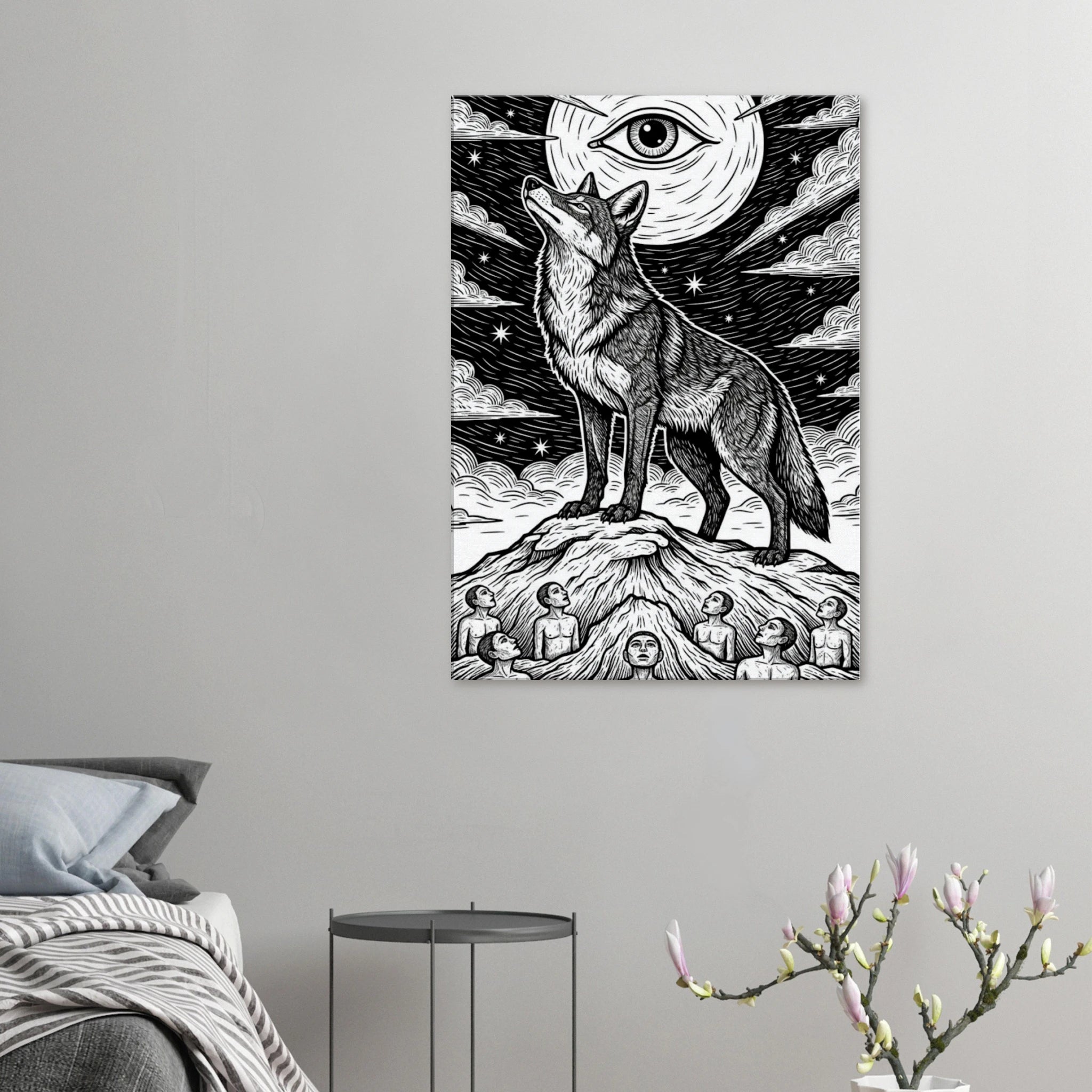 Hung against a grey wall Coyote #2 howling coyote folk art print, black and white minimalist lunar illustration, 350 gsm museum-quality matte canvas wall art.