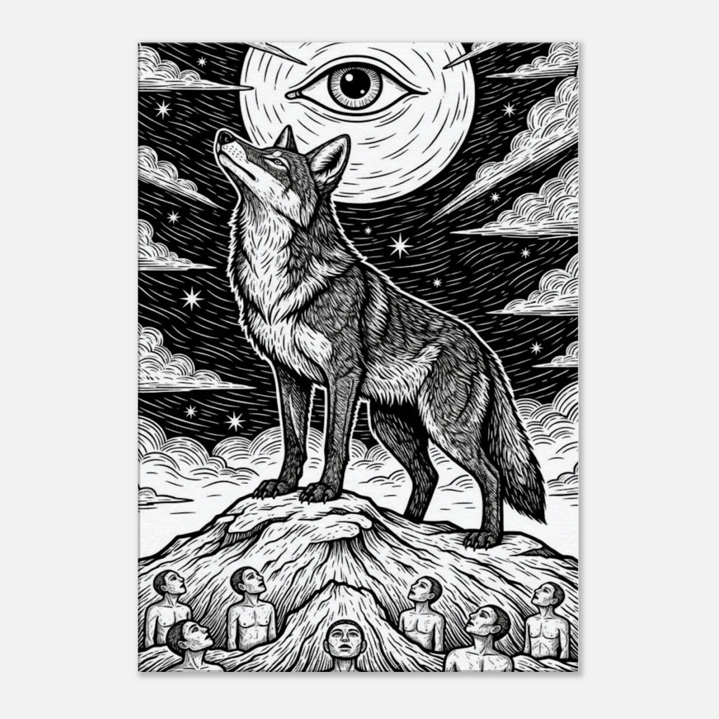 Coyote #2 howling coyote folk art print, black and white minimalist lunar illustration, 350 gsm museum-quality matte canvas wall art.