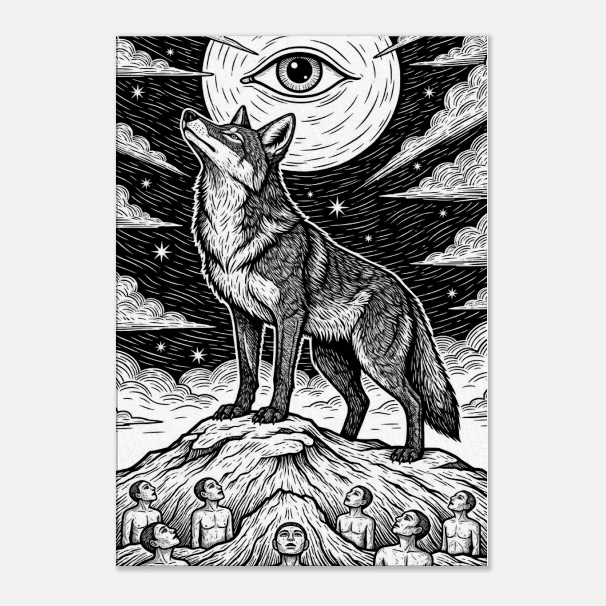 Coyote #2 howling coyote folk art print, black and white minimalist lunar illustration, 350 gsm museum-quality matte canvas wall art.