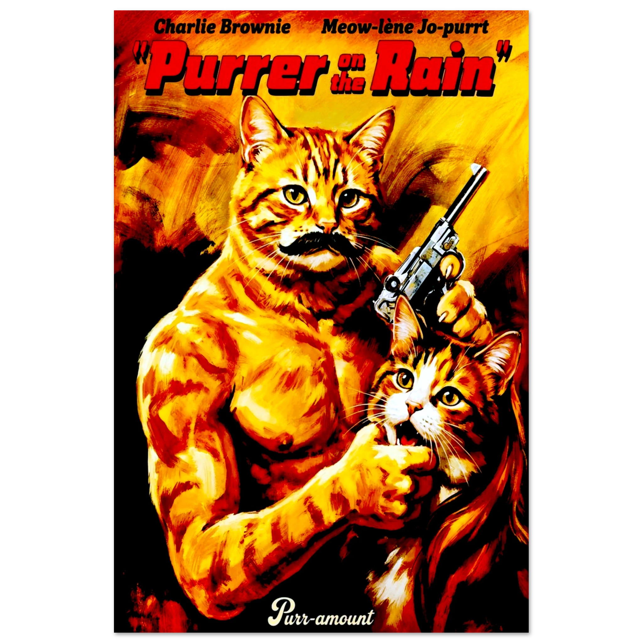 A vibrant orange and yellow movie poster parody titled 'Purrer in the Rain' featuring a muscular ginger tabby cat holding a handgun and another cat, inspired by classic Charles Bronson action films.