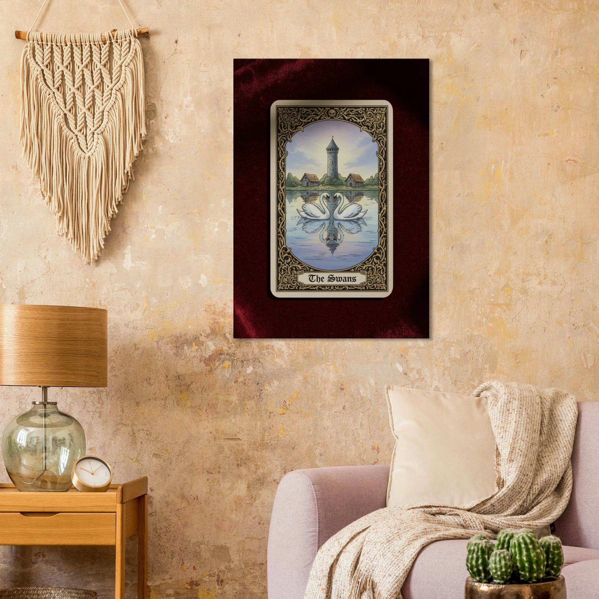 Tarot The Swans esoteric canvas art, mirrored swans with a lighthouse in a neo-symbolist tarot style, 350 gsm museum-quality matte canvas. Hung in a beige Living room space.