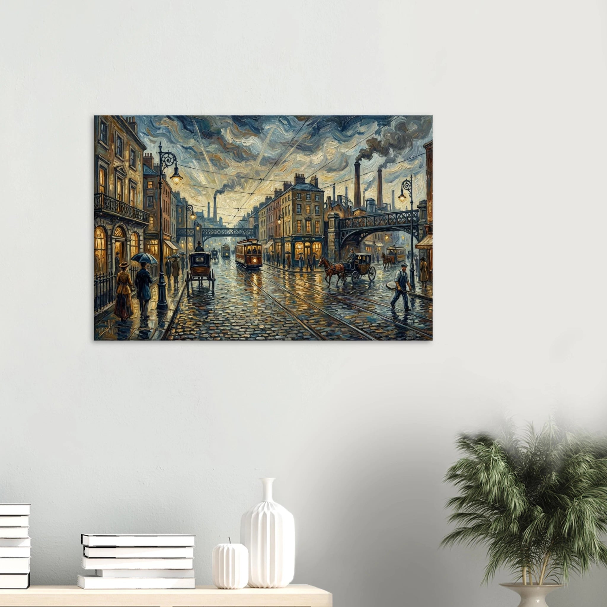 Dusk in Oldtown (Full) impressionist urban wall art, Victorian street scene at twilight, 350 gsm matte canvas print.
