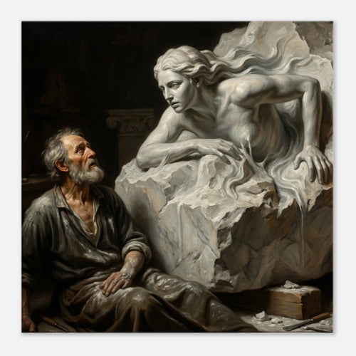 The Creation classical portrait canvas art, artist sculpting stone in chiaroscuro Dutch master style, 350 gsm archival matte canvas print.