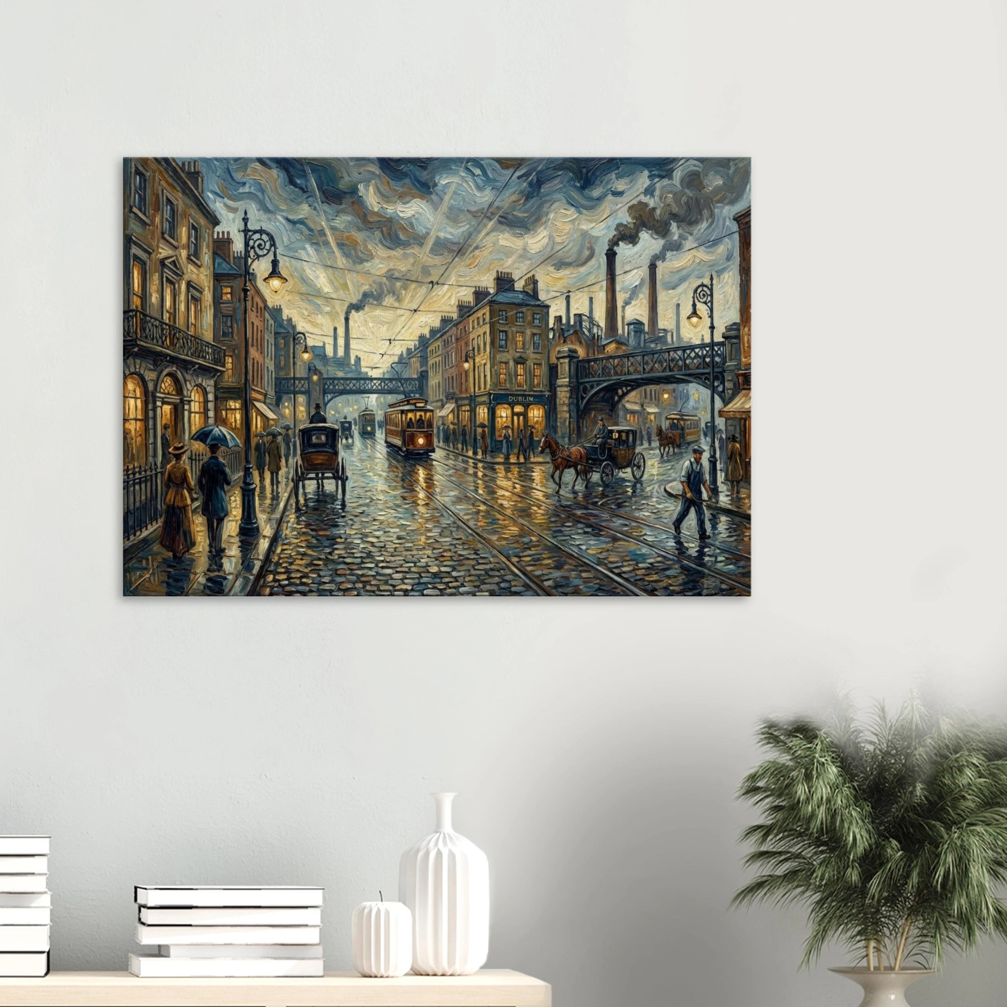 "Dusk in Oldtown (Full) impressionist urban wall art, Victorian street scene at twilight, 350 gsm matte canvas print.