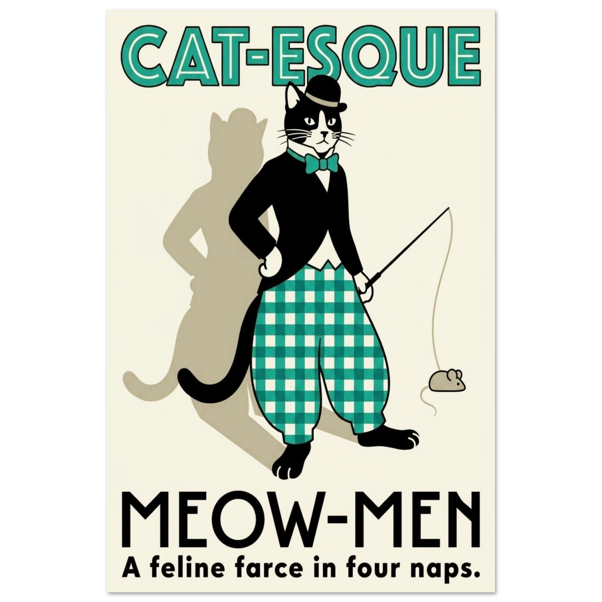 Poster with a cat in formal attire holding a fishing rod, with text 'Cat-esque Meow-Men' on a beige background. 