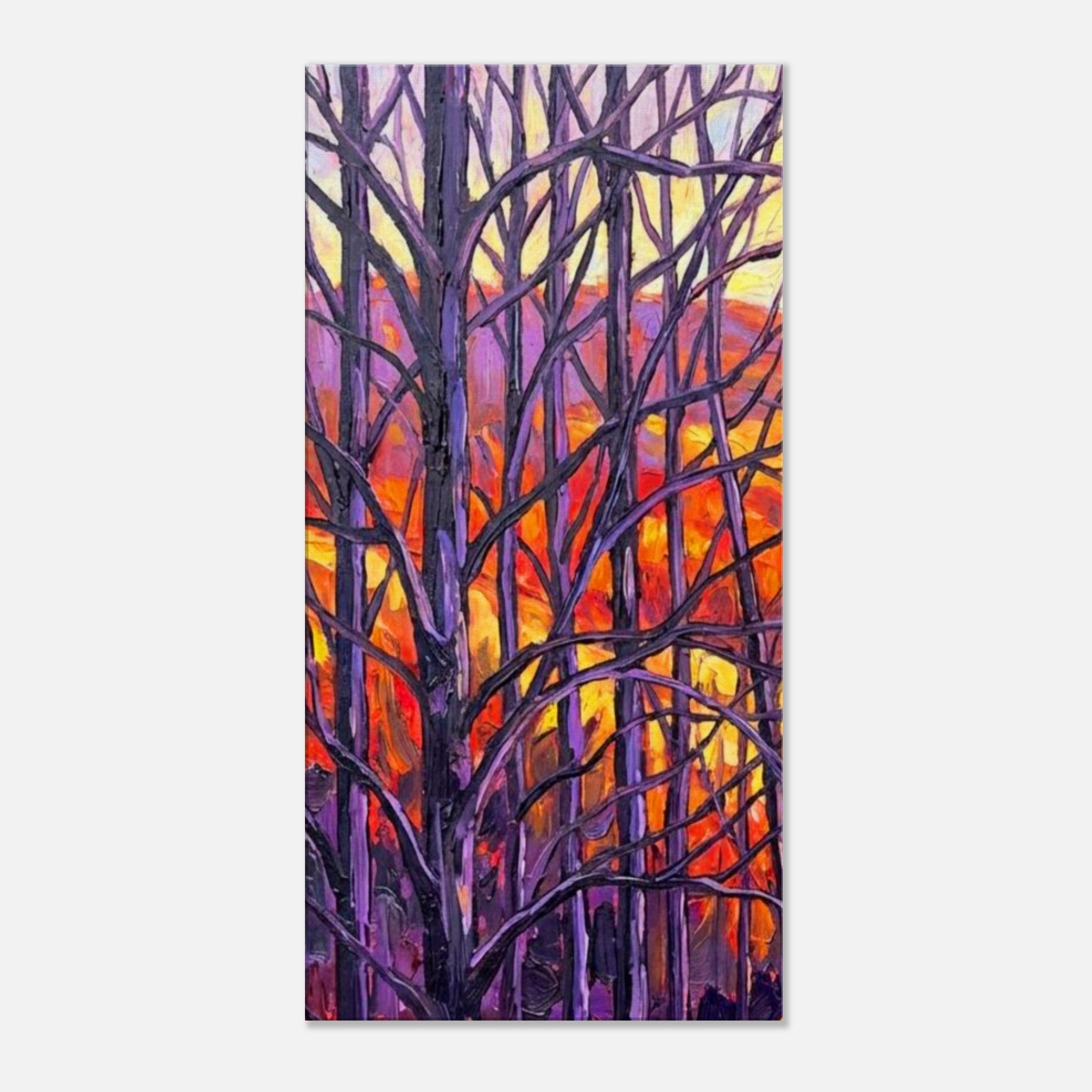 A section of a Triptych depicting bare trees against a colorful background
