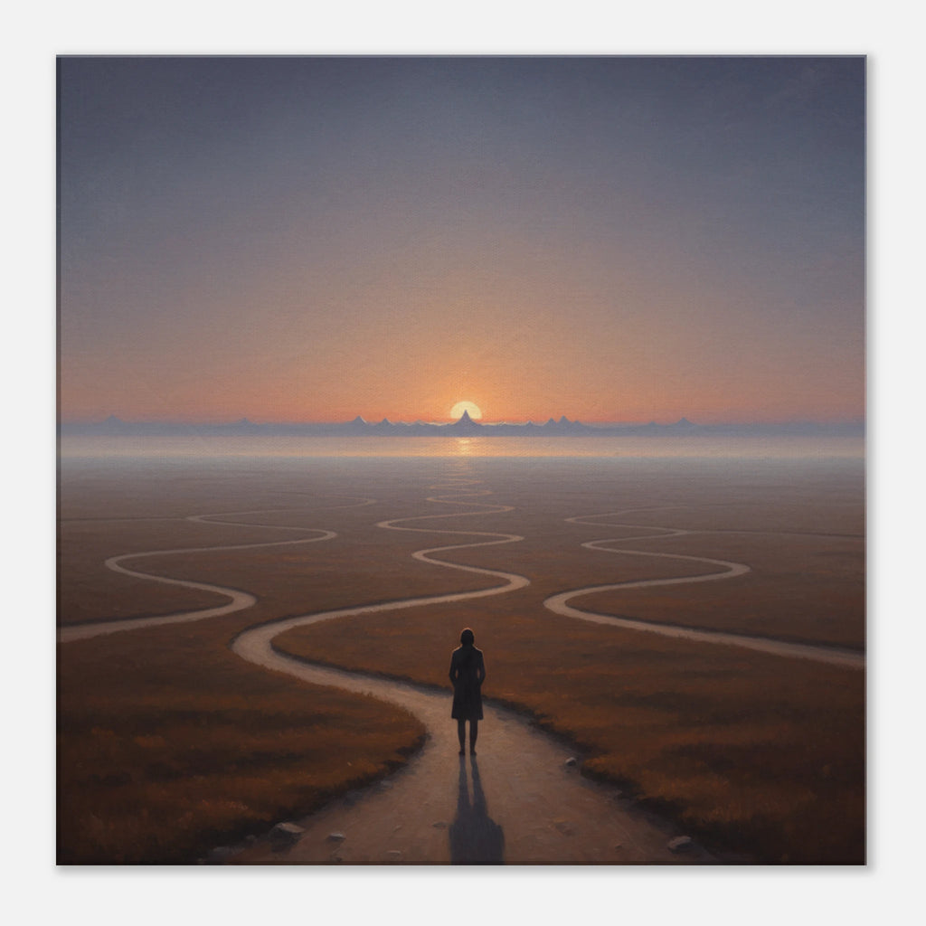 The Winding of Roads sunset surrealism canvas art, winding path towards an impressionist horizon, 350 gsm archival matte canvas print.