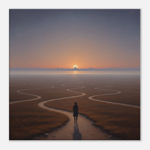 The Winding of Roads sunset surrealism canvas art, winding path towards an impressionist horizon, 350 gsm archival matte canvas print.