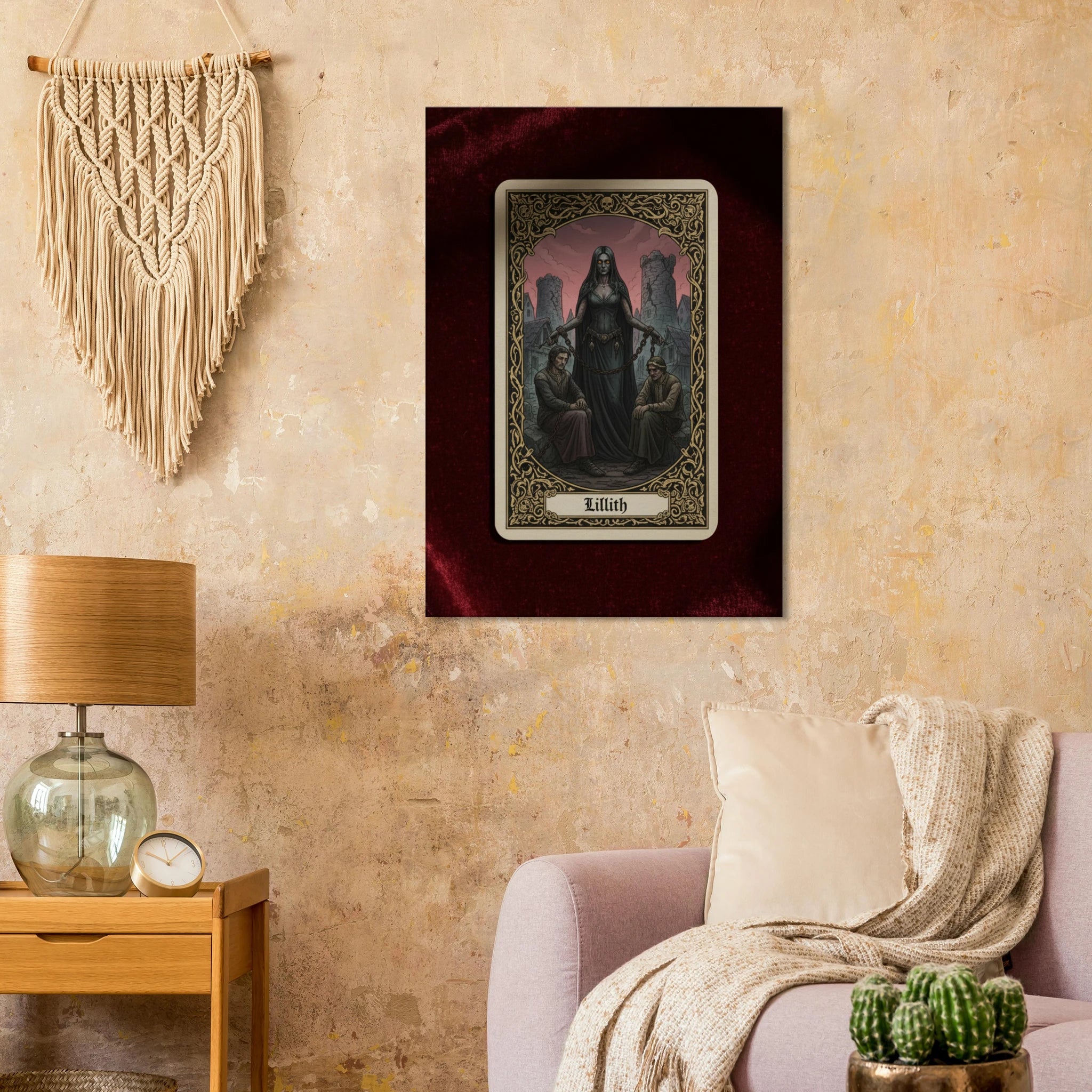 Hung near a braided wall hanging Tarot Lillith esoteric canvas art, dark feminine archetype in a gothic tarot style, 350 gsm museum-quality matte canvas print
