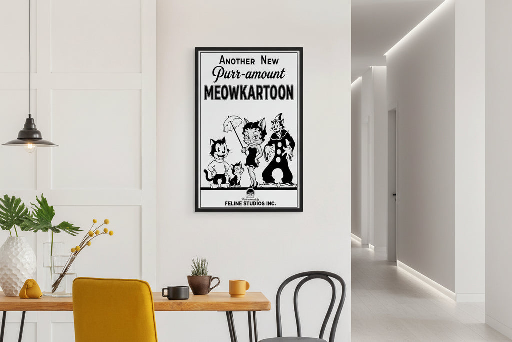 Vintage black and white cartoon-style movie poster titled 'Another New Purr-amount MEOWKARTOON' featuring four illustrated cats in classic rubber-hose animation style, including a cat clown and a cat with an umbrella. Hung near a table with mismatched chairs and small plants.