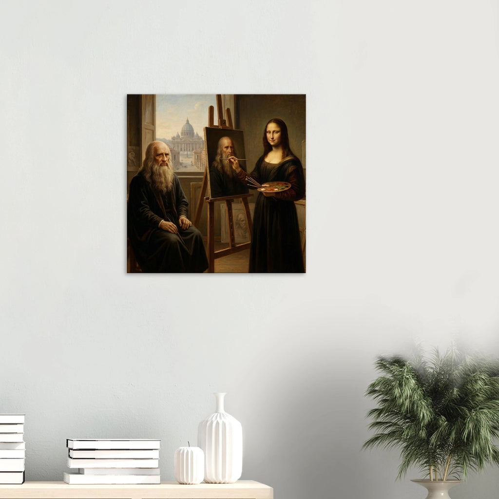 Painting the Master Davinci inspired classical parody, Mona Lisa painting Leonardo da Vinci with St. Peter's Basilica background, 350 gsm matte canvas. Hung over a white Table.