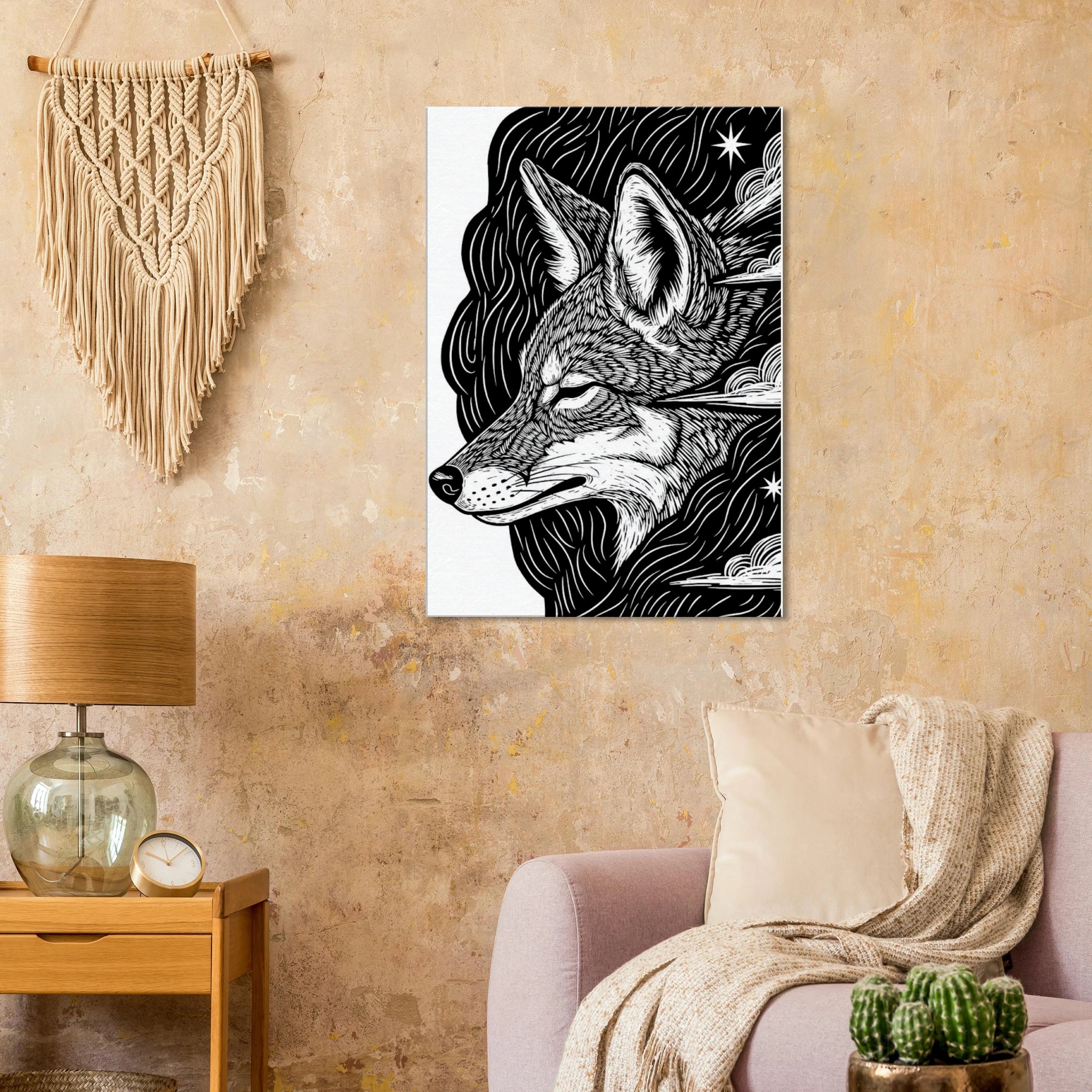 Coyote #1 folk art style canvas print, black and white cyber-folk animal illustration, 350 gsm museum-quality matte canvas wall art. Hung above a pink couch with a cactus in the foreground.