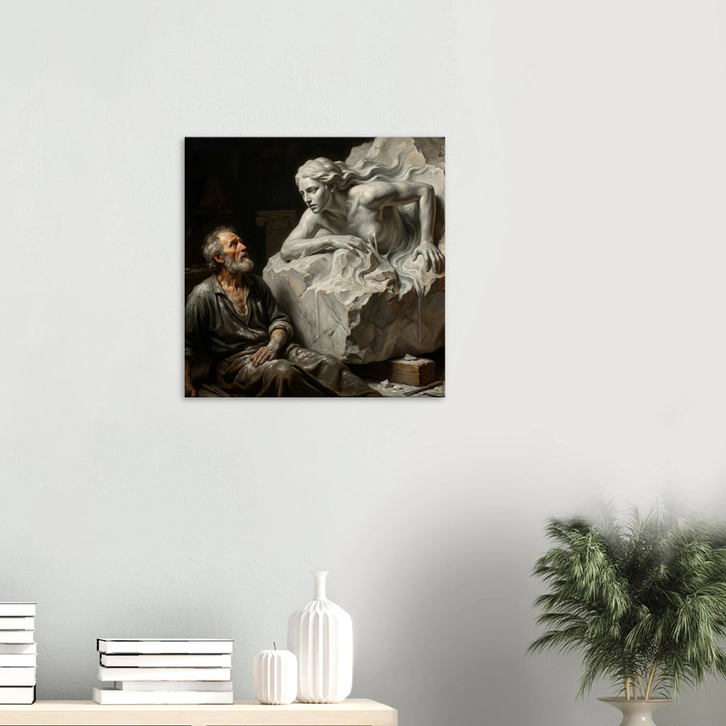 Hung over a white table The Creation classical portrait canvas art, artist sculpting stone in chiaroscuro Dutch master style, 350 gsm archival matte canvas print.