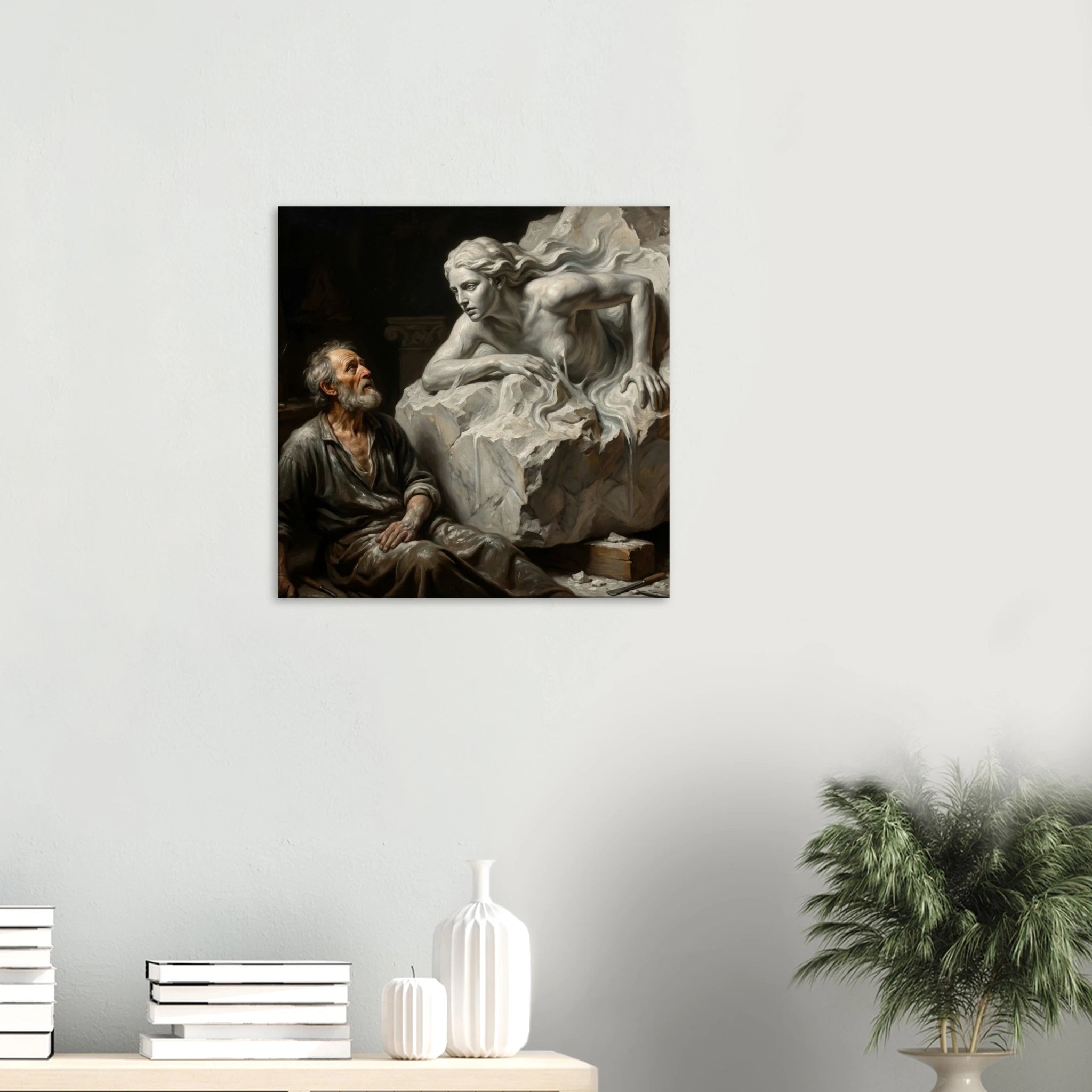 Hung over a white table The Creation classical portrait canvas art, artist sculpting stone in chiaroscuro Dutch master style, 350 gsm archival matte canvas print.