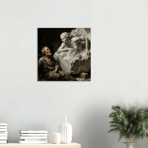Hung over a white table The Creation classical portrait canvas art, artist sculpting stone in chiaroscuro Dutch master style, 350 gsm archival matte canvas print.