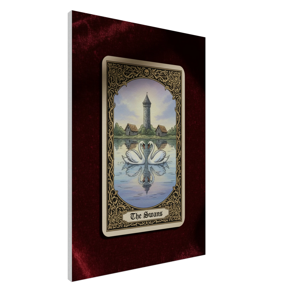 Tarot The Swans esoteric canvas art, mirrored swans with a lighthouse in a neo-symbolist tarot style, 350 gsm museum-quality matte canvas.