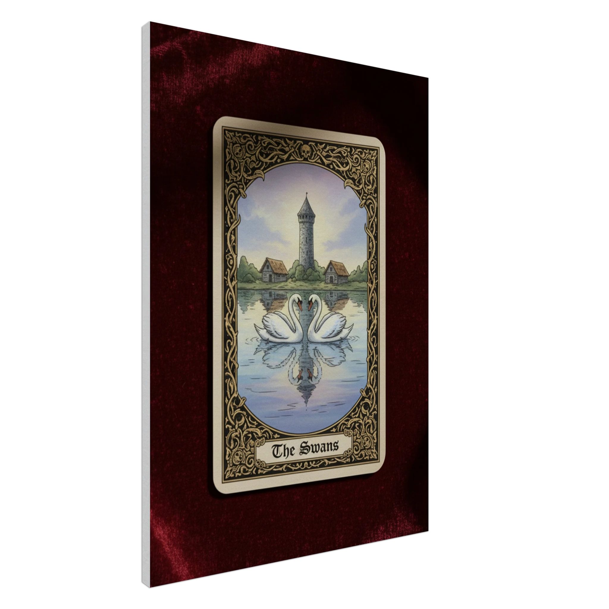 Tarot The Swans esoteric canvas art, mirrored swans with a lighthouse in a neo-symbolist tarot style, 350 gsm museum-quality matte canvas.