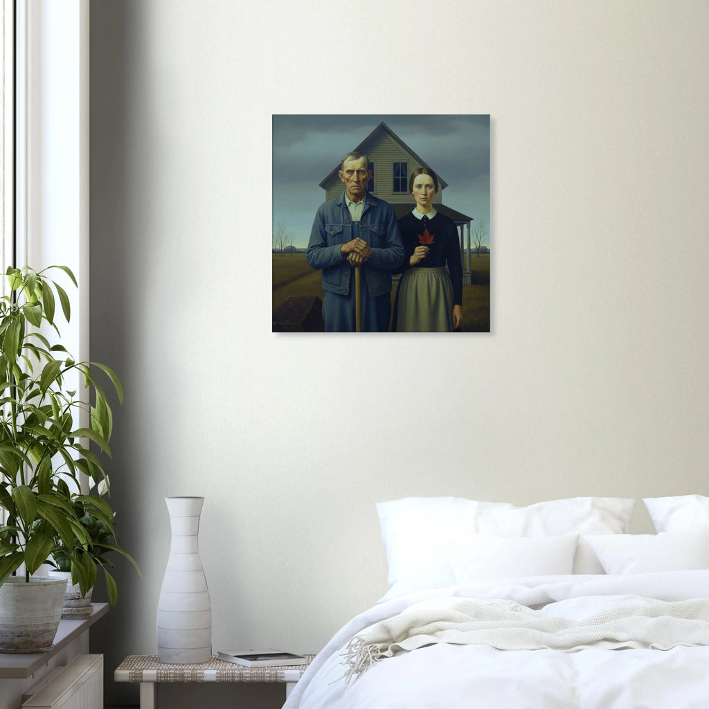 Canadian Gothic American Realism style canvas art, stoic portrait with earthy tones, 350 gsm museum-quality matte canvas print hung over a bed with white sheets
