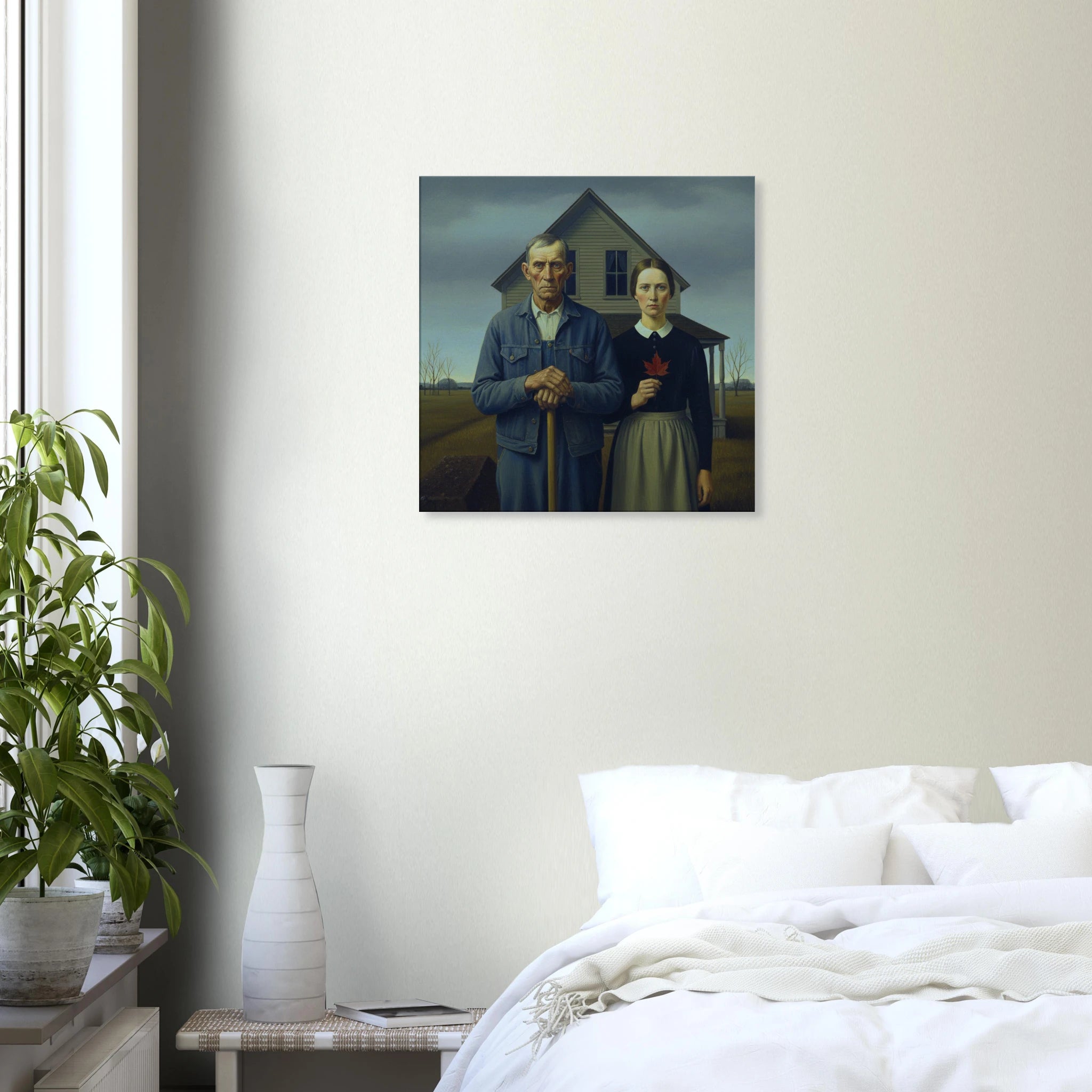 Canadian Gothic American Realism style canvas art, stoic portrait with earthy tones, 350 gsm museum-quality matte canvas print hung over a bed with white sheets
