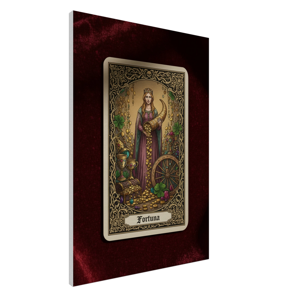 Tarot Fortuna esoteric canvas art, Wheel of Fortune inspired illustration with rich red and gold tones, 350 gsm museum-quality matte canvas.