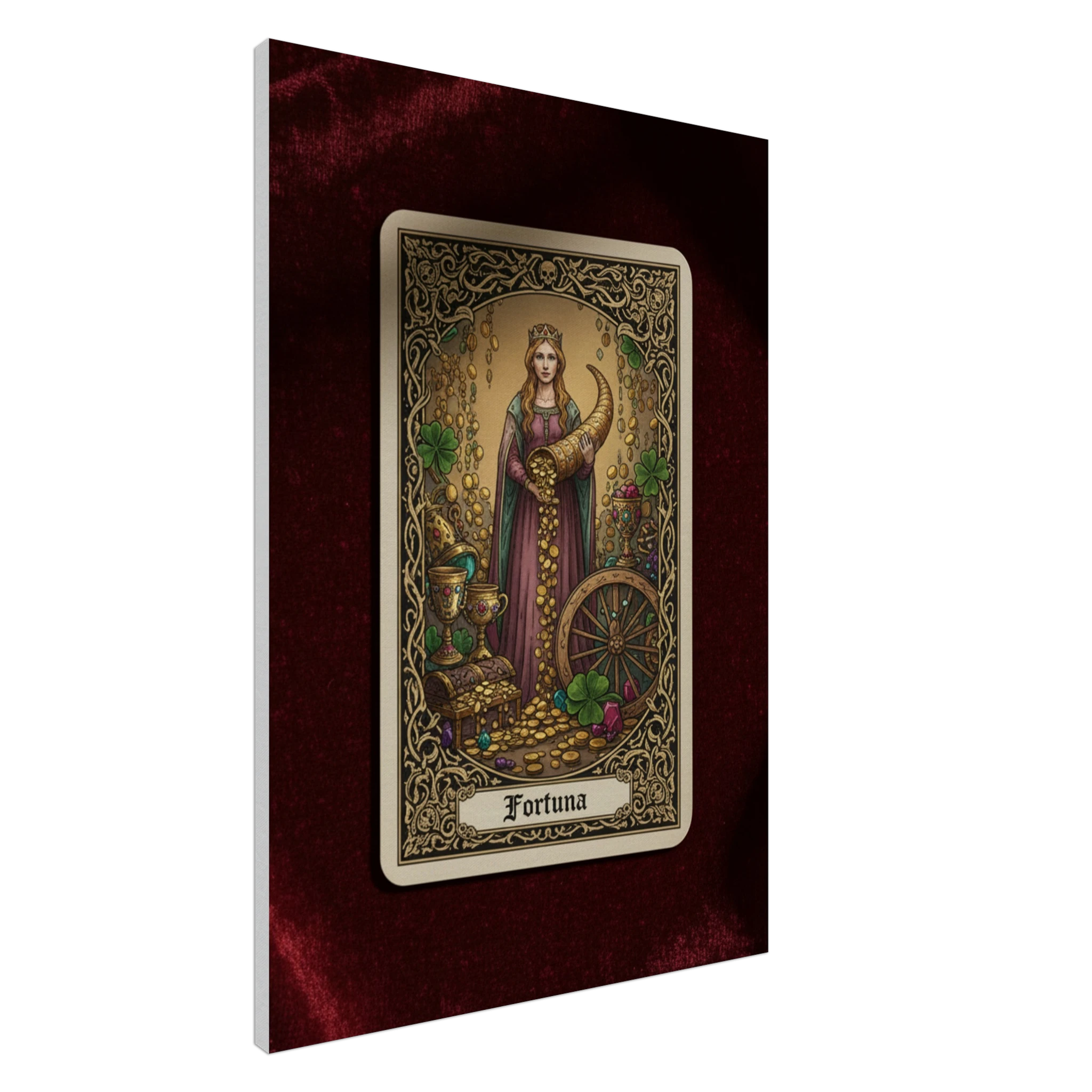 Tarot Fortuna esoteric canvas art, Wheel of Fortune inspired illustration with rich red and gold tones, 350 gsm museum-quality matte canvas.
