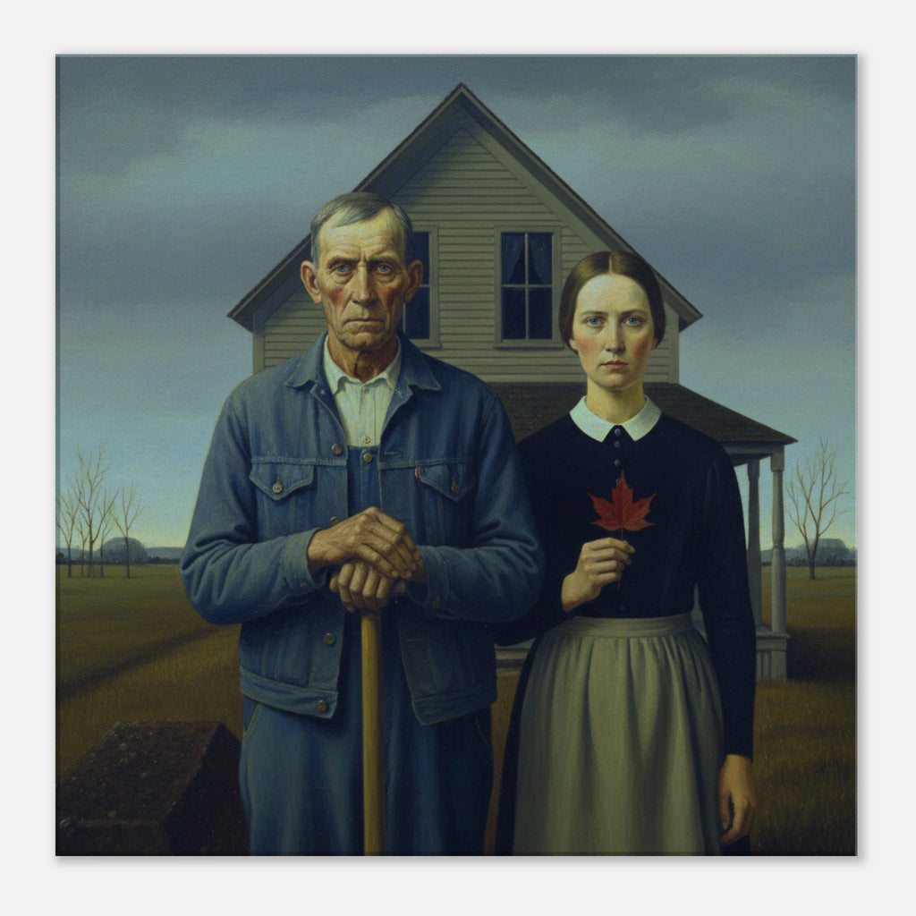 Canadian Gothic American Realism style canvas art, stoic portrait with earthy tones, 350 gsm museum-quality matte canvas print