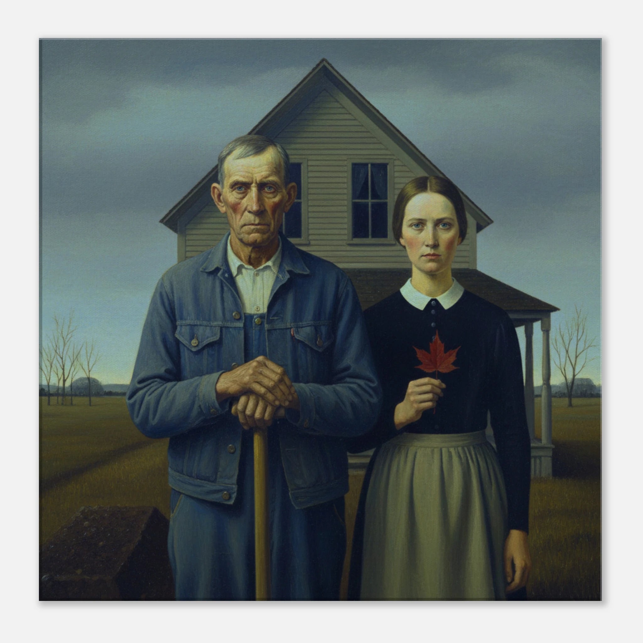 Canadian Gothic American Realism style canvas art, stoic portrait with earthy tones, 350 gsm museum-quality matte canvas print