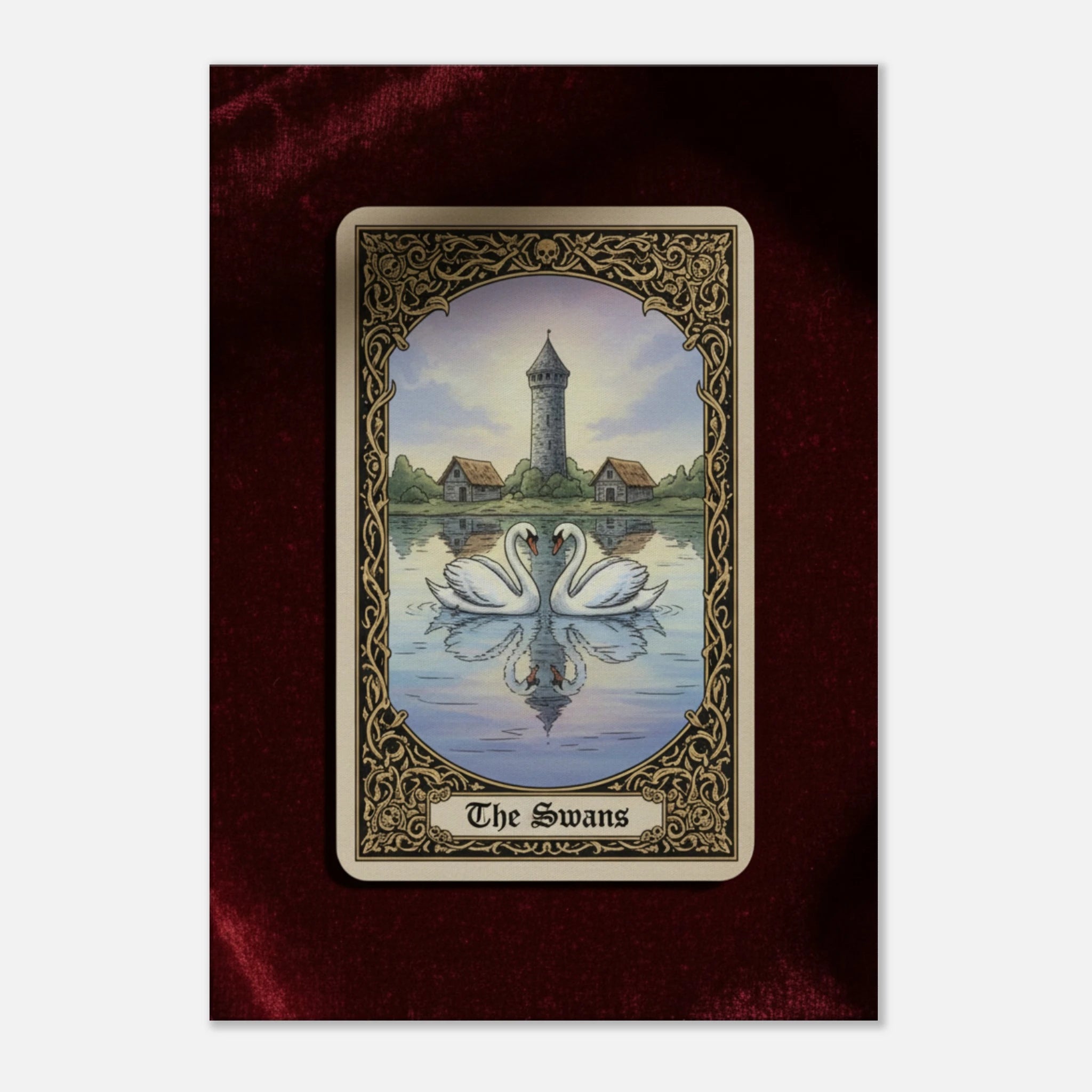 Tarot The Swans esoteric canvas art, mirrored swans with a lighthouse in a neo-symbolist tarot style, 350 gsm museum-quality matte canvas.