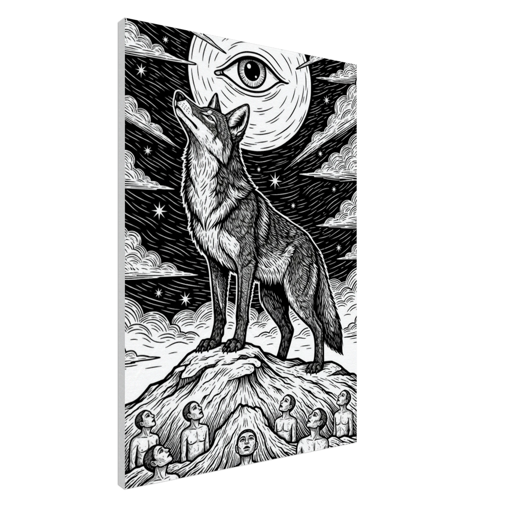 Coyote #2 howling coyote folk art print, black and white minimalist lunar illustration, 350 gsm museum-quality matte canvas wall art.