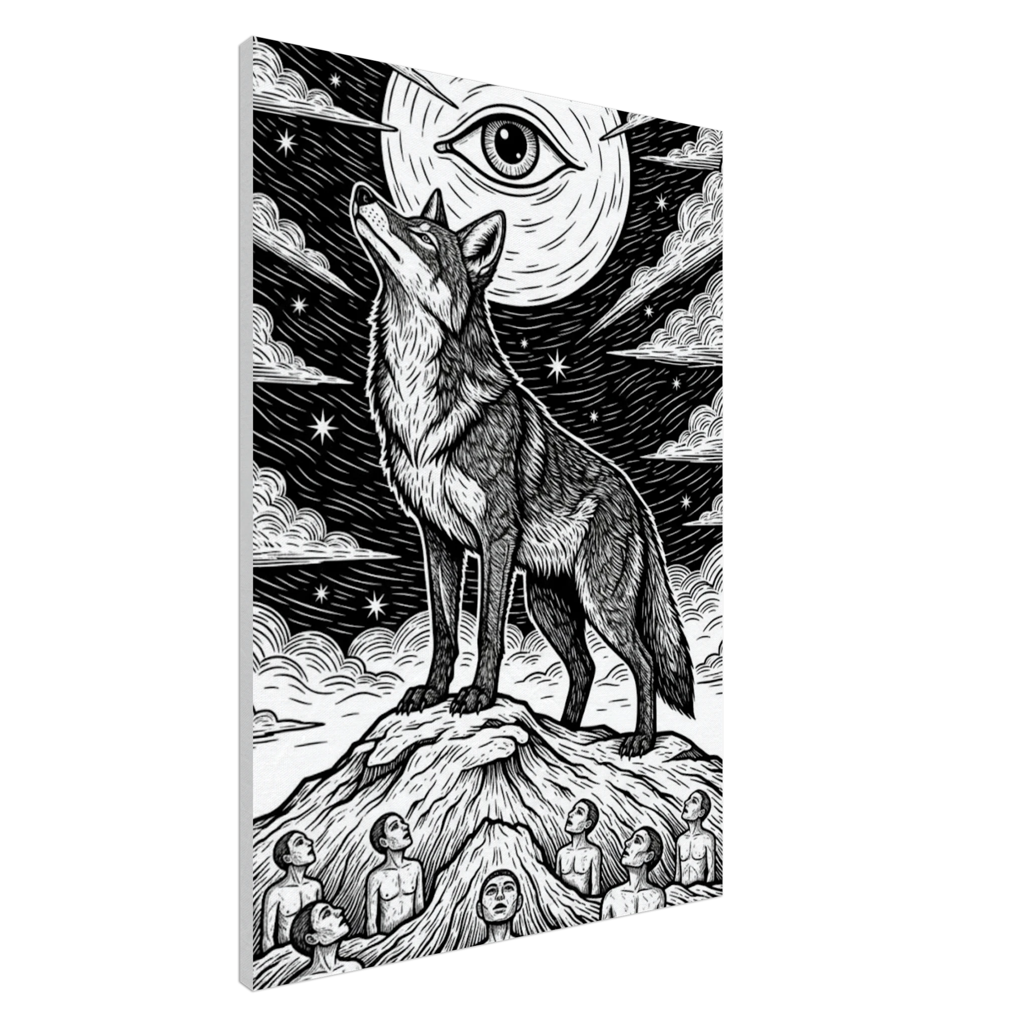 Coyote #2 howling coyote folk art print, black and white minimalist lunar illustration, 350 gsm museum-quality matte canvas wall art.