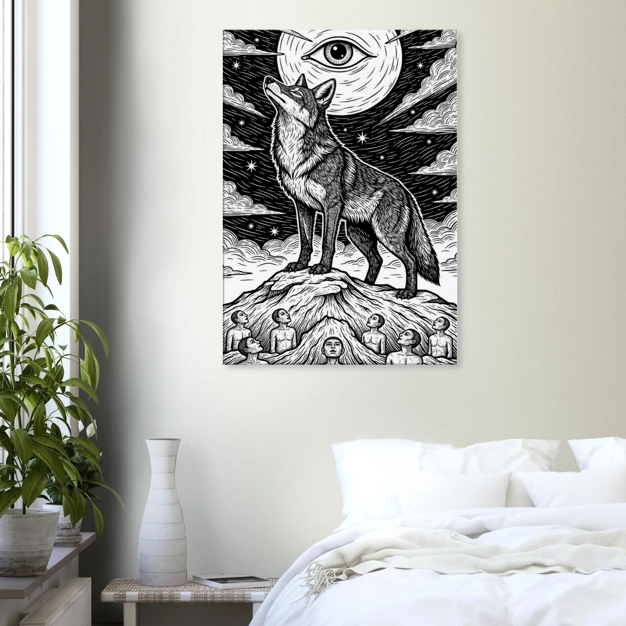 Hung in a white Bedroom Coyote #2 howling coyote folk art print, black and white minimalist lunar illustration, 350 gsm museum-quality matte canvas wall art.