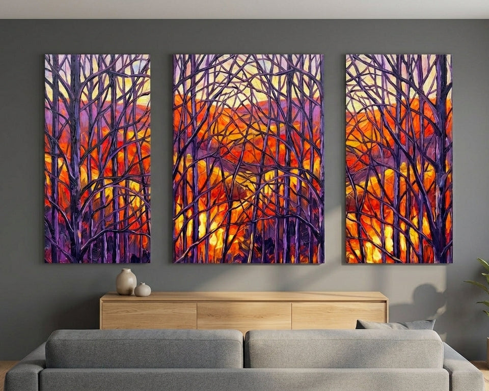 A 3 sectional Landscape painting hanging on a gray wall in a living room.