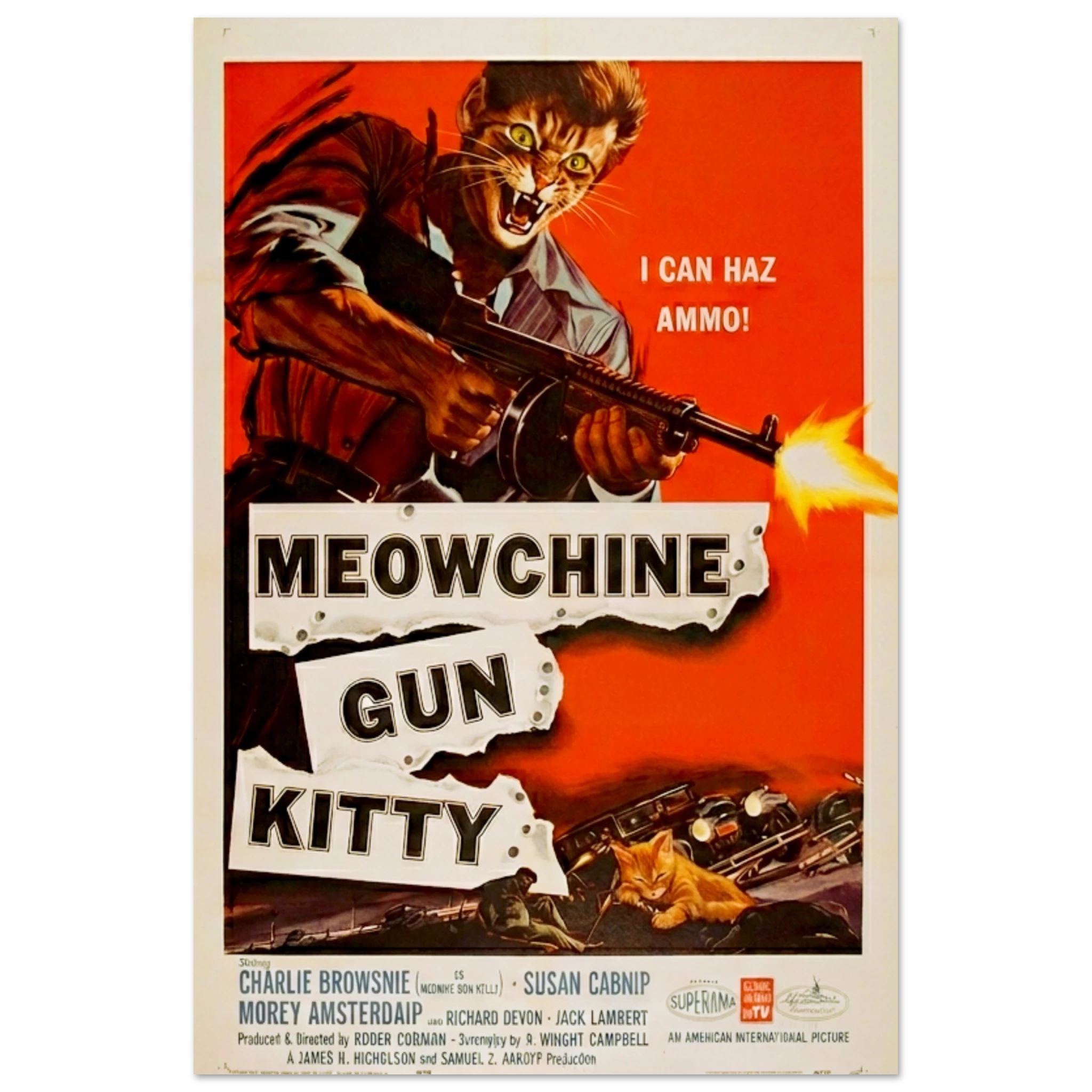 A high-action movie poster parody titled 'Charlie Brownsie in Meowchine Gun Kitty' featuring an angry ginger tabby cat in a heroic pose, surrounded by orange fire and explosions, holding a stylized machine gun. Inspited by the Charles Bronson Movie "Machine Gun Kelly".