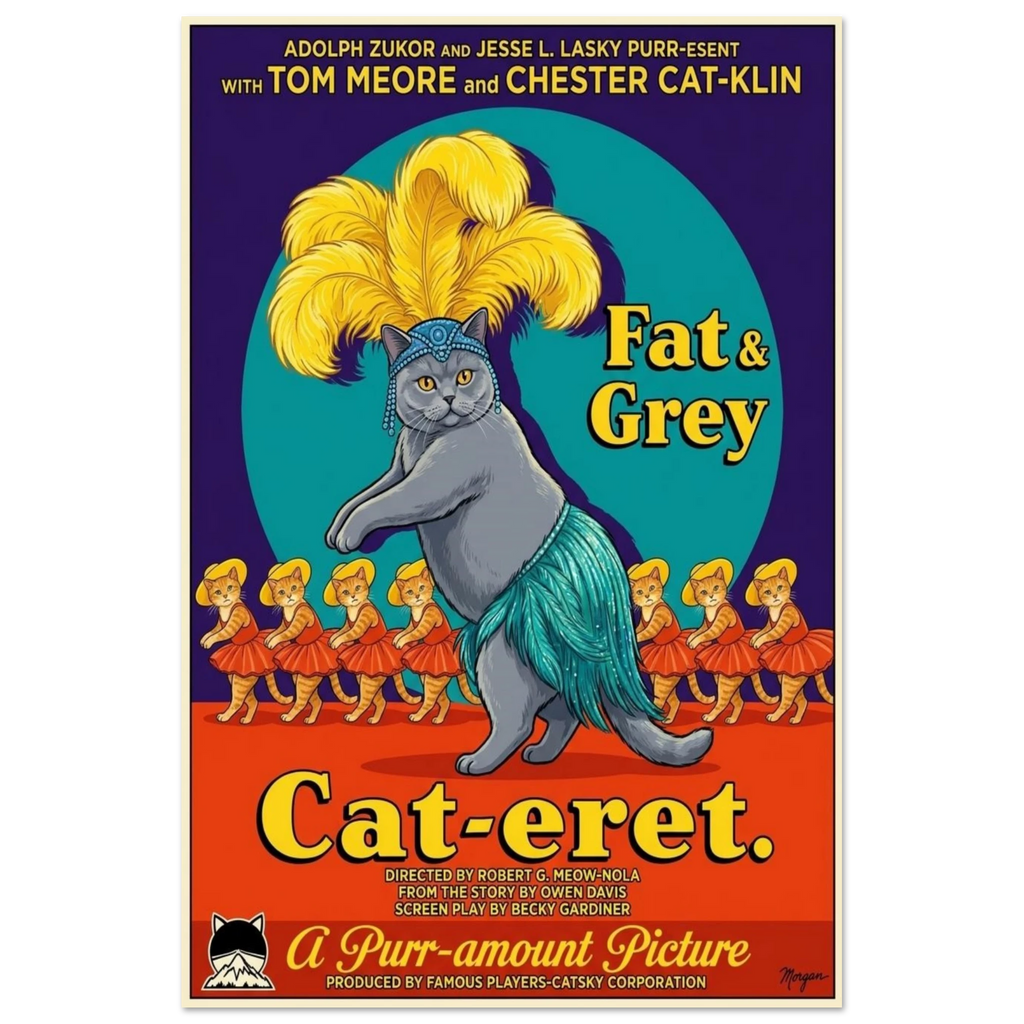 A colorful Cat meme poster "The Fat & Grey Cat-aret" hung in a modern bathroom.