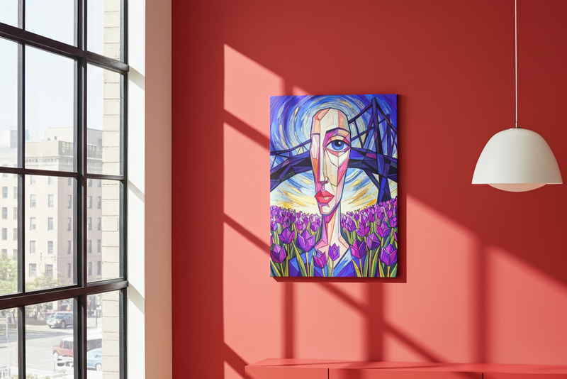 Colorful abstract painting on a red wall with a large window and modern lamp.