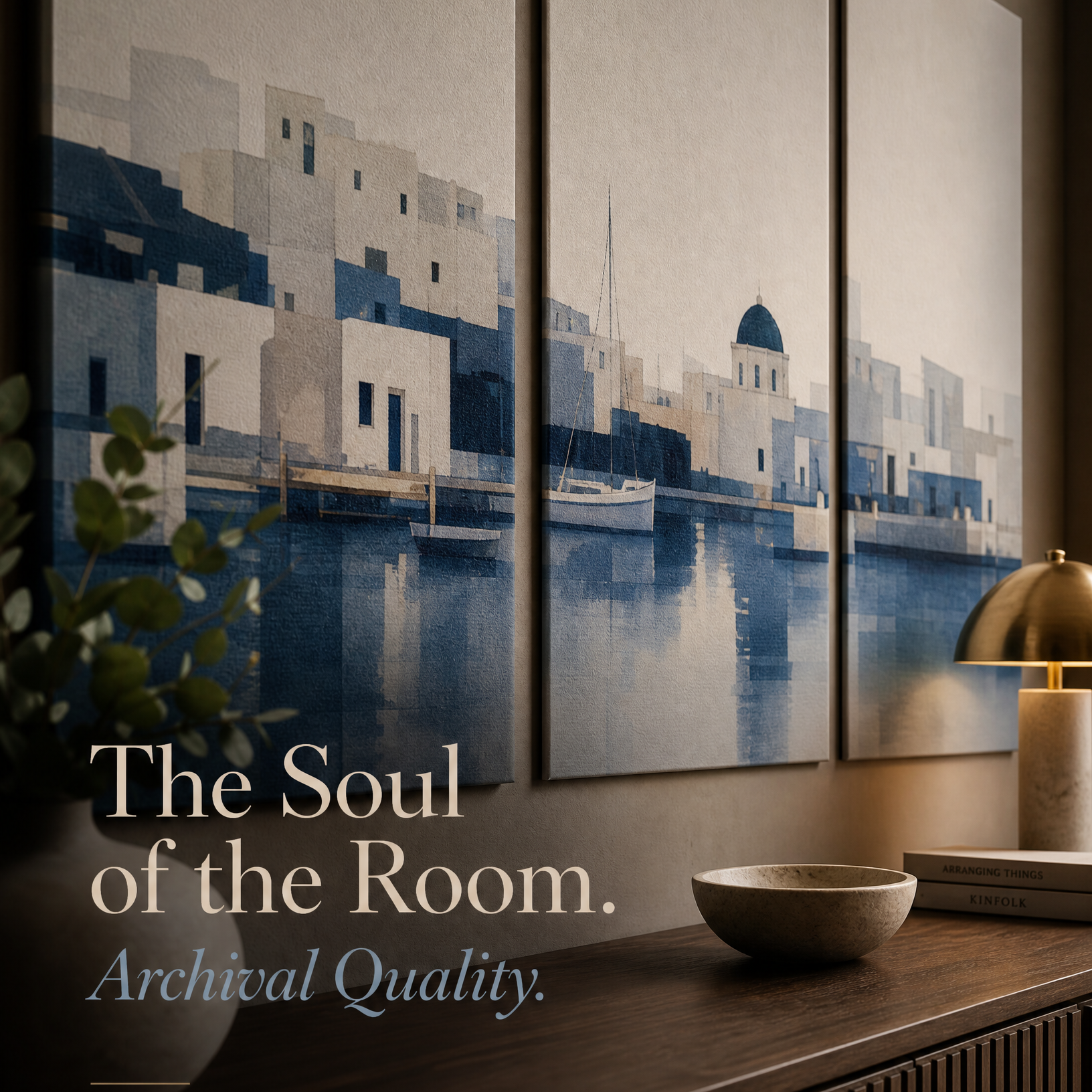 Three-panel wall art depicting a coastal scene with 'TVVH Urban Design' branding.